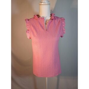 LOFT Blouse Womens Small Pink Ruffle Sleeveless Textured V Neck Top Pullover